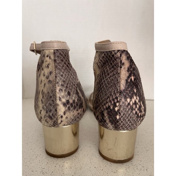 Ann Taylor Sandal Size 8 Gold Block Heel Ankle Strap Faux Snakeskin at Back - Picture 2 of 12